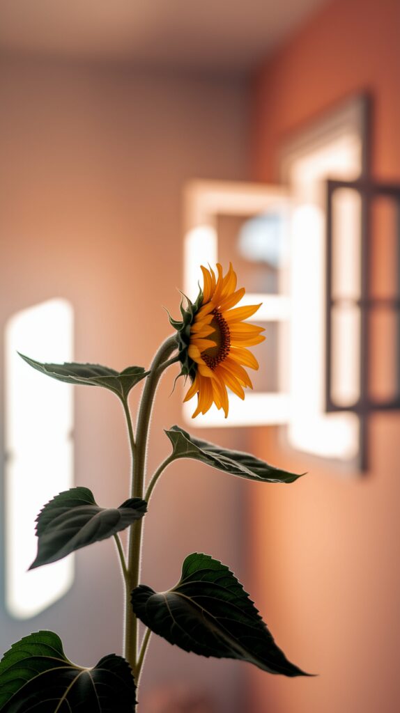 A sunflower with bright yellow petals and a dark center stands in a room with softly blurred, open windows in the background.