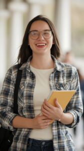 A young woman with glasses, wearing a plaid shirt over a white top, smiles while holding a yellow book and a backpack strap.