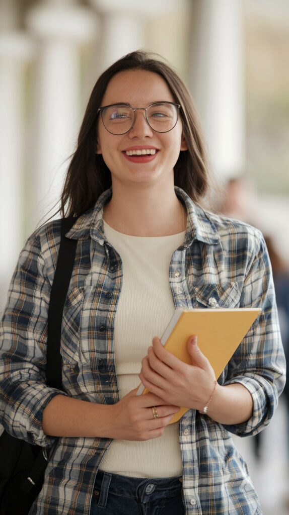 A young woman with glasses, wearing a plaid shirt over a white top, smiles while holding a yellow book and a backpack strap.