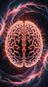 A glowing, stylized depiction of a human brain with intricate folds, surrounded by electric-like energy arcs on a dark background.