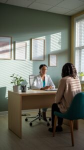 A doctor in a white coat sits at a desk across from a patient in an office lit by sunlight streaming through blinds. The room has green walls with framed artwork and potted plants on the desk.