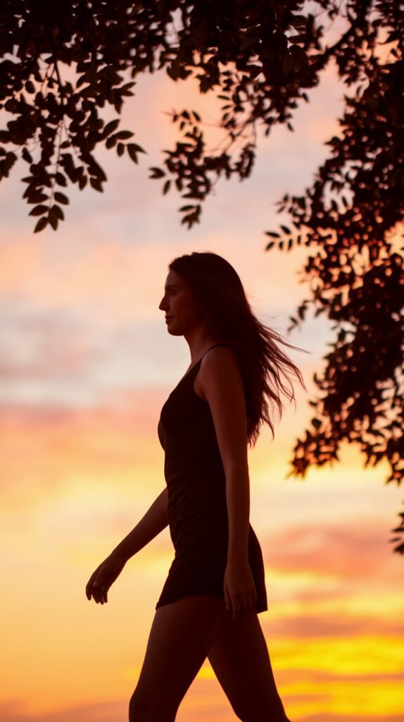 Silhouette of a woman walking in front of a vibrant sunset sky, with tree branches framing the scene.