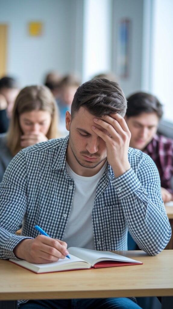 A student sitting in a classroom, looking stressed while holding their head with one hand and writing in a notebook with the other.