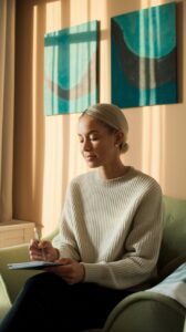 A woman with closed eyes and a calm expression sits in an armchair, holding a pen and notebook, with abstract paintings on the wall behind her.