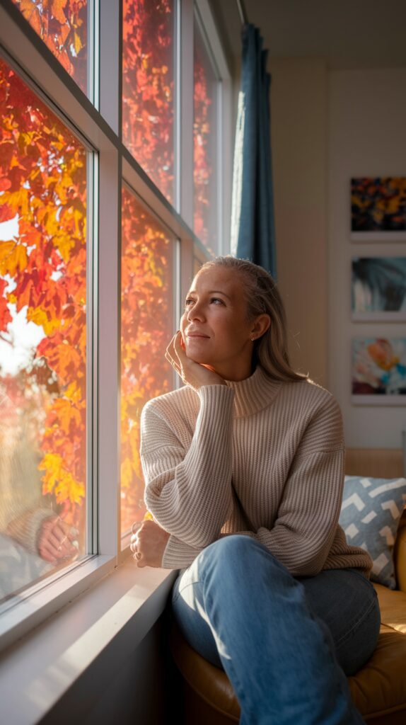 A person with long hair in a cream-colored sweater sits by a window looking outside, with orange autumn leaves visible through the glass.