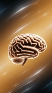 Illustration of a brain floating against a glowing cosmic background of yellow and black with swirling light patterns.