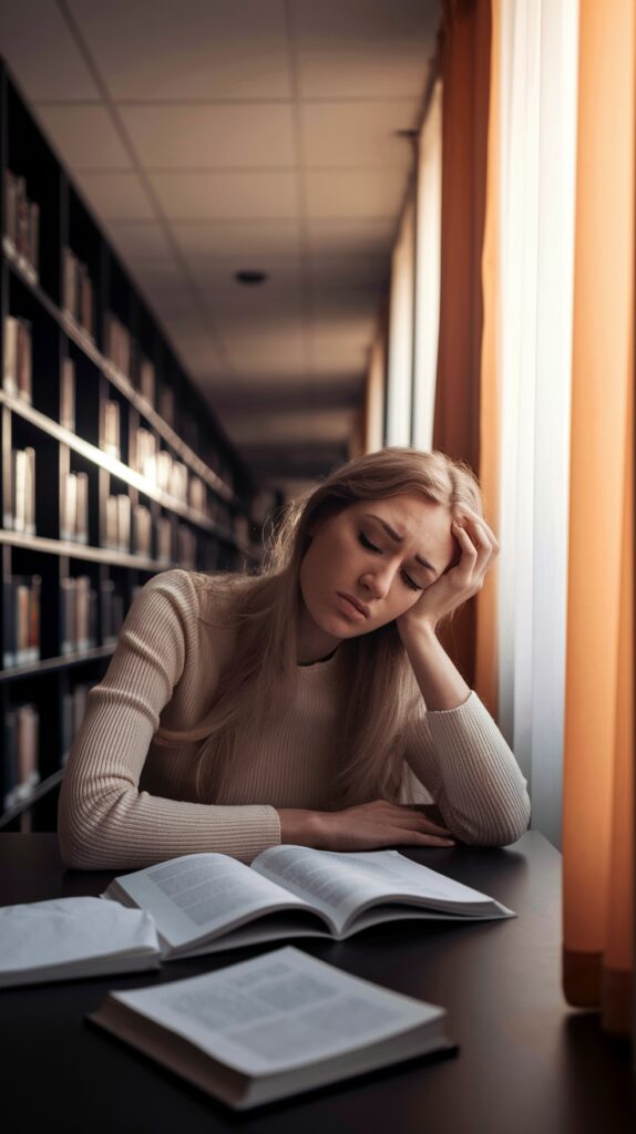 A woman with long blond hair is sitting at a table in a library, resting her head on her hand with closed eyes, appearing tired or asleep. Open books are spread out in front of her, and sunlight filters through windows with curtains beside her.