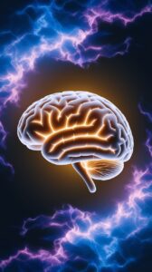A digital illustration of a human brain glowing with golden light, set against a dark background with swirling patterns of blue and purple lightning-like energy.