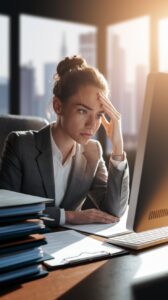 A woman in a suit, looking stressed, sits at an office desk with a hand on her forehead, staring at a computer screen. Documents and a stack of papers are visible on the desk, with sunlight streaming through a window in the background.
