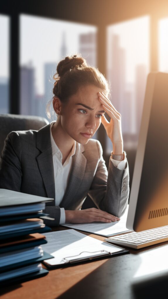 A woman in a suit, looking stressed, sits at an office desk with a hand on her forehead, staring at a computer screen. Documents and a stack of papers are visible on the desk, with sunlight streaming through a window in the background.