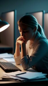 A woman seated at a desk, appearing thoughtful, with her chin resting on her hands, surrounded by scattered papers and illuminated by a desk lamp.
