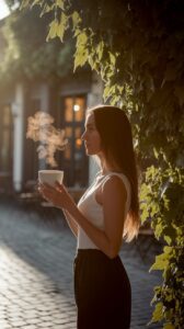 A woman stands next to a wall of ivy, holding a steaming cup, with warm sunlight illuminating her profile.
