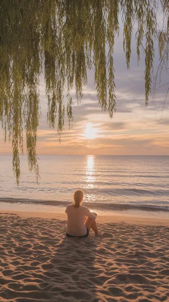 A person sitting on a sandy beach under hanging tree branches, watching the sunset over a calm ocean.