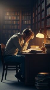 A person sitting at a wooden desk in a dimly lit library, resting their head in their hands, surrounded by open books and papers.