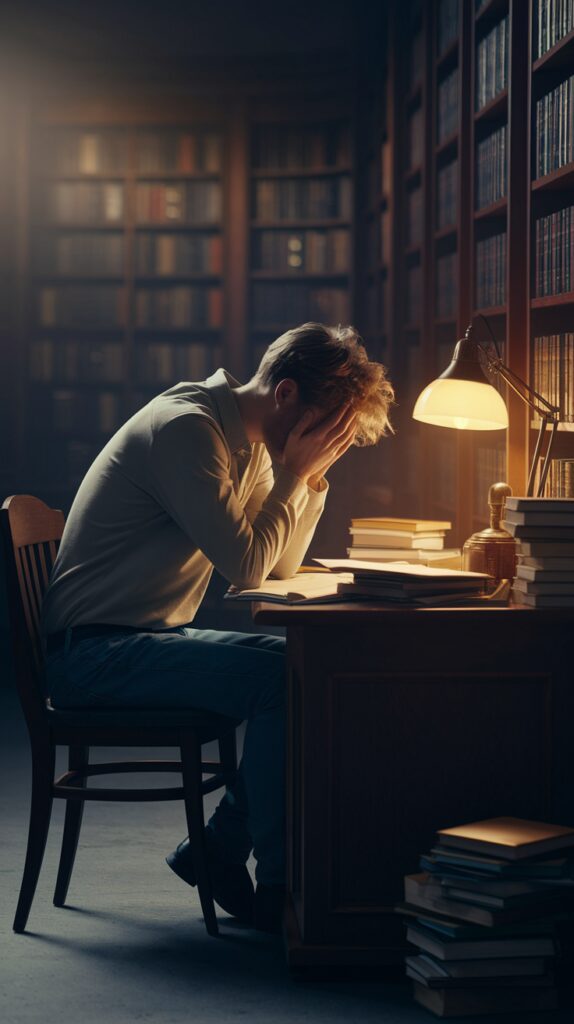 A person sitting at a wooden desk in a dimly lit library, resting their head in their hands, surrounded by open books and papers.